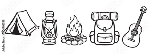Monochromatic doodle set of camping and hiking essentials with a tent, oil lamp, bonfire, rucksack with a sleeping bag, and a guitar, drawn in a simple outline sketch style