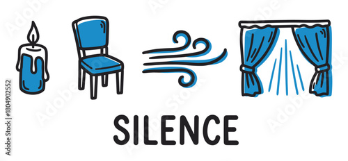 Hand-drawn doodle icons of a candle, chair, wind, and drapes arranged in a row with the text silence, creating a visual rebus or metaphor for tranquility and quiet