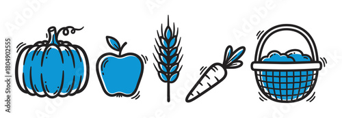 Collection of blue and black agricultural icons featuring a pumpkin, apple, wheat stalk, carrot, and a full basket, illustrated in a charming hand-drawn doodle style