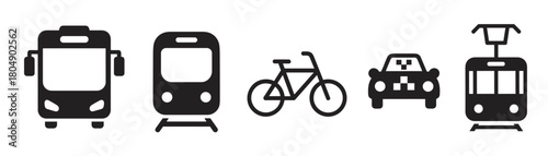 A set of black public transport icons including a bus, train, bicycle, taxi, and tram, presented in a simple, flat graphic style for urban transportation and travel concepts