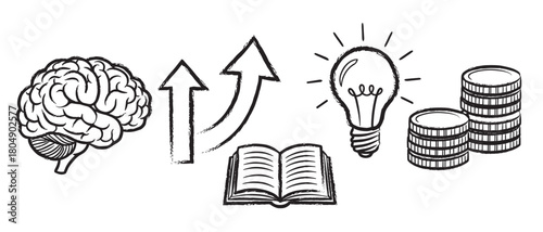 Conceptual doodle showing the transformation of knowledge from a brain and book into a profitable idea, visualized with a lightbulb, arrows, and stacks of coins