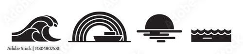 A set of four black silhouette icons depicting various water themes: a cresting ocean wave, a ship under a rainbow, a sun setting on the horizon, and a simple sea symbol