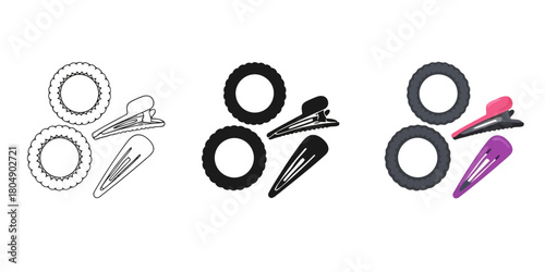 Hair Accessories Featuring Barrettes and Bobbles Vector Set in Three Styles — Line Art, Silhouette and Color Version for Fashion, Hair Styling, and Minimal Accessory Design Projects