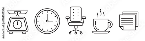 A set of minimalist line icons representing office work and daily routine, including a scale, clock, chair, coffee cup, and documents, drawn in a simple black outline style