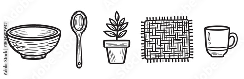 Collection of rustic household objects illustrated in a bold linocut style, featuring a ceramic bowl, wooden spoon, a small plant in a pot, a woven coaster, and a mug