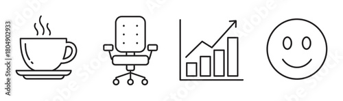 Simple black line art icons for business concepts featuring a hot beverage, a swivel chair, a rising bar graph, and a happy emoticon, illustrating work and success