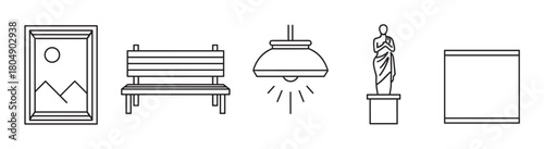 A set of five simple black outline icons representing museum and gallery elements, including a framed painting, a wooden bench, a pendant lamp, a sculpture, and a display plinth