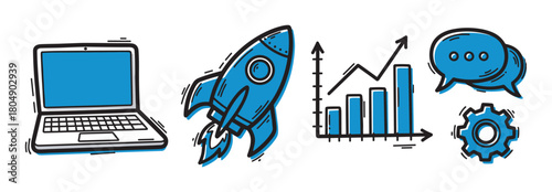 A set of hand-drawn doodle icons representing business startup concepts, including a laptop, rocket, growth chart, speech bubbles, and a gear, in a blue and black sketchy style