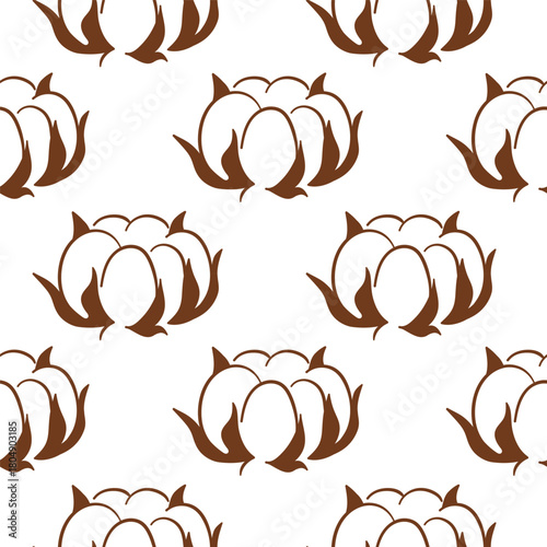 Seamless pattern with cotton bolls on a white background in line art style. Perfect for wrapping paper, fabric and bed linen.
