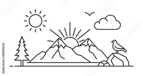 A minimalist line art illustration of a serene mountain landscape with a rising sun, a pine tree, a cloud, a flying bird, and another bird perched on a rock