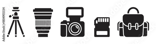 A collection of black photography equipment icons in a minimalist graphic style, featuring a tripod, telephoto lens, camera with flash, memory card, and a backpack