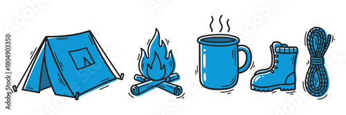A collection of blue hand-drawn camping and hiking icons including a tent, campfire, steaming mug, boot, and rope, presented in a simple doodle illustration style