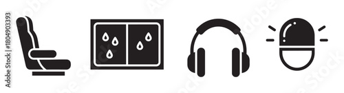 A collection of four black silhouette icons related to travel and transportation, featuring a passenger seat, a rainy window, headphones, and a flashing alert light