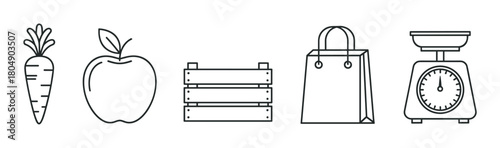 A collection of grocery-related vector icons in a clean, linear style, including a carrot, apple, produce crate, shopping bag, and an analog food scale