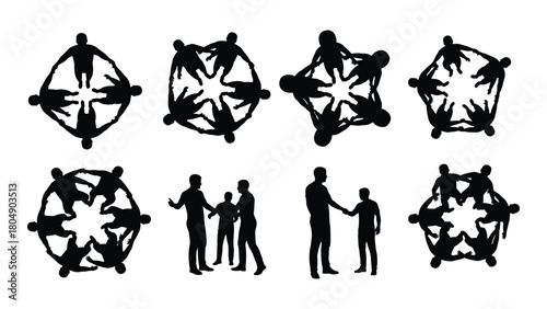 Teamwork and business interaction silhouettes isolated on white background, Vector
