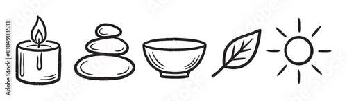 Hand-drawn doodle icon set for spa and wellness concepts, with a lit candle, stacked zen stones, a bowl, a leaf, and a sun, illustrated in a simple black ink sketch style