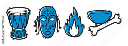Collection of voodoo and shamanism symbols illustrated in a simple doodle style, featuring a ritual mask, a traditional drum, a fire element, and a ceremonial bowl with a bone