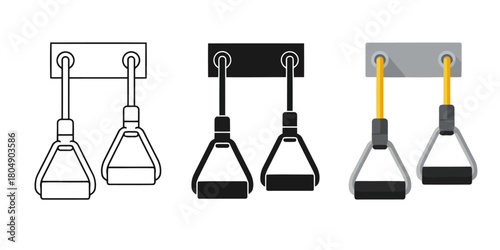 Gymnastic Rings Hanging Vector Set in Three Styles — Line Art, Silhouette and Color Version for Fitness Training, Calisthenics Workouts and Gym Equipment Projects