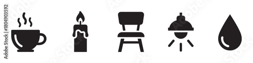 A minimalist collection of five black silhouette icons representing essential concepts like a hot beverage, candlelight, furniture, electricity, and a liquid drop