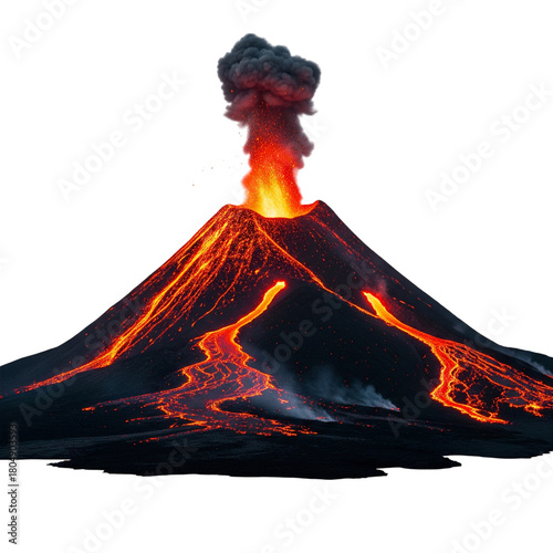 Volcano erupting with lava flowing down the side isolated on transparent background