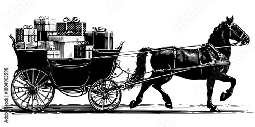 vintage horse-drawn sleigh carrying presents through winter wonderland | Clean, isolated vector art for creative projects.