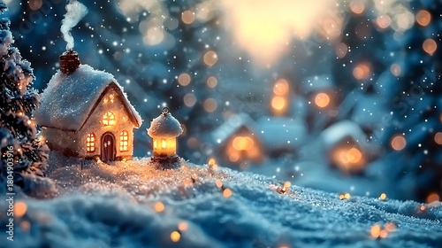 Cozy log cabin glowing gently in snowy winter evening holiday forest photo