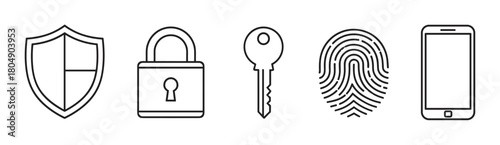 Set of minimalist line art icons representing cybersecurity and digital protection, including a shield, padlock, key, biometric fingerprint, and a modern mobile smartphone