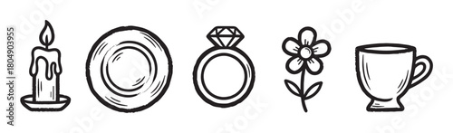 A collection of hand-drawn black and white icons featuring a candle, plate, diamond ring, flower, and cup in a rustic, sketchy doodle style for graphic design
