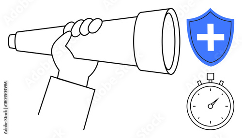 Hand holding telescope symbolizes vision, with a shield for protection and stopwatch for time, representing exploration, safety, and efficiency. Ideal for decision-making, healthcare, security, time