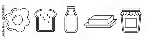 A set of minimalist black and white line art icons depicting classic breakfast food items like a fried egg, toast, milk, butter, and a jam jar in a simple graphic style