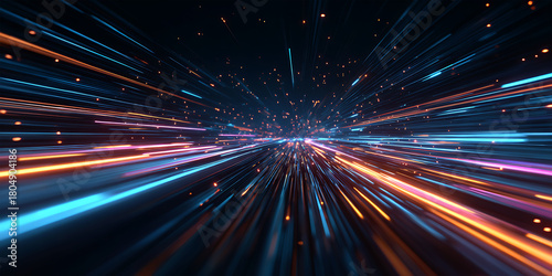 Vibrant multicolor light trails racing forward creating fast motion digital energy burst