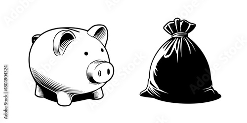 Monochrome Mint: Piggy Bank's Adventure Black White | Clean, isolated vector art for creative projects.