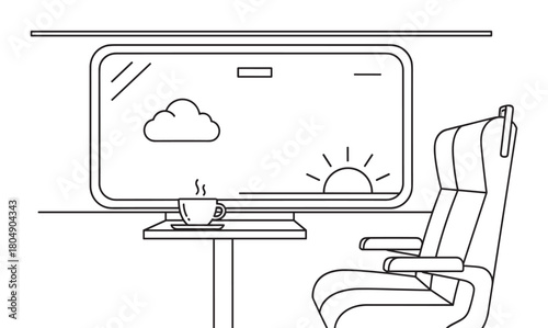Outline vector illustration of a peaceful journey by train, featuring an empty passenger seat, a hot beverage, and a scenic view of the sun and clouds from the window