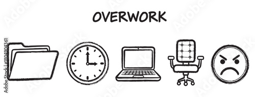 A set of hand-drawn black icons representing the concept of overwork, featuring a folder, clock, laptop, office chair, and an angry face to illustrate job stress and burnout