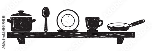 A hand-drawn black and white doodle illustration of various kitchen utensils and cookware, including a pot, spoon, plate, cup, and frying pan, arranged in a row on a shelf