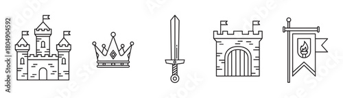 A collection of medieval fantasy icons featuring a castle, crown, sword, tower, and banner, all illustrated in a clean and minimalist black and white line art style