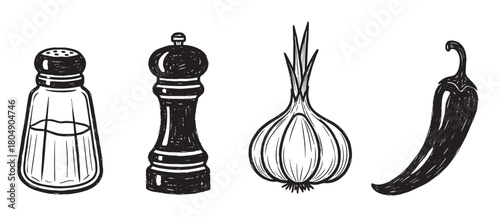 A set of four culinary ingredients and seasonings, including salt, pepper, garlic, and chili, illustrated in a rustic, monochrome, hand-sketched artistic style