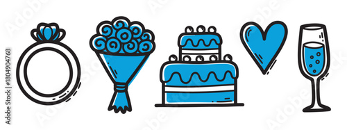 Charming wedding and romance themed icon collection featuring a diamond ring, flower bouquet, tiered cake, love heart, and a glass of bubbly in a simple doodle style