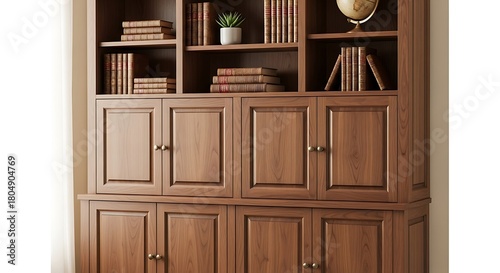 Classic wooden bookshelf filled with books and decorative items.