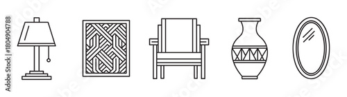 A set of five home decor and furniture icons in a minimalist line art style, including a table lamp, framed art, an armchair, a decorative vase, and an oval mirror