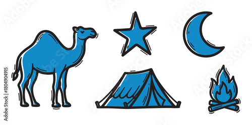 A charming collection of blue hand-drawn doodle icons featuring a camel, star, moon, tent, and campfire, representing desert camping and nomadic adventure