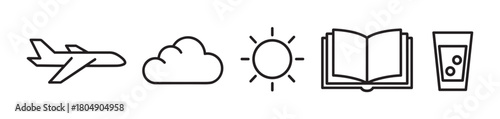 A collection of minimalist black line icons representing travel and leisure, including an airplane, cloud, sun, open book, and a refreshing beverage in a glass