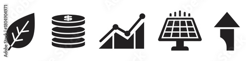 A set of black glyph icons representing sustainable investment and green energy growth, with symbols for ecology, finance, analytics, solar power, and upward progress