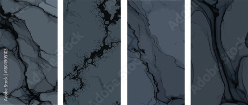 Set of Abstract Liquid Marble Grunge Texture in Slate Grey and Charcoal Backgrounds