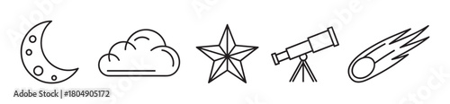 A graphic icon pack for astronomy and stargazing themes, with simple linear illustrations of a crescent moon, cloud, star, telescope, and a shooting comet