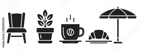 Minimalist graphic collection of cafe and bistro elements, featuring solid black icons of furniture, a hot beverage, a pastry, a plant, and an outdoor umbrella