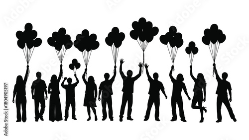 Diverse group celebrating with balloons silhouette isolated on white background, Vector