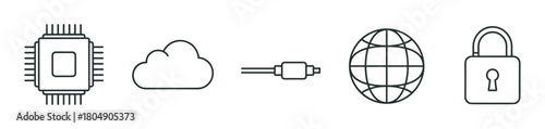 A row of minimalist black line art icons representing modern technology concepts, including a processor, cloud computing, data connection, global internet, and digital security