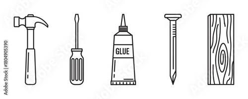 A minimalist black and white line art icon set featuring essential carpentry and DIY tools, including a hammer, screwdriver, glue tube, nail, and a wooden plank