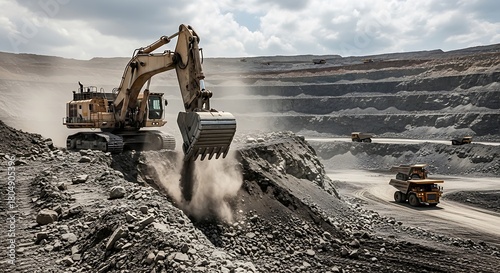 Excavator digging in a large open-pit mine with a dump truck in the background.